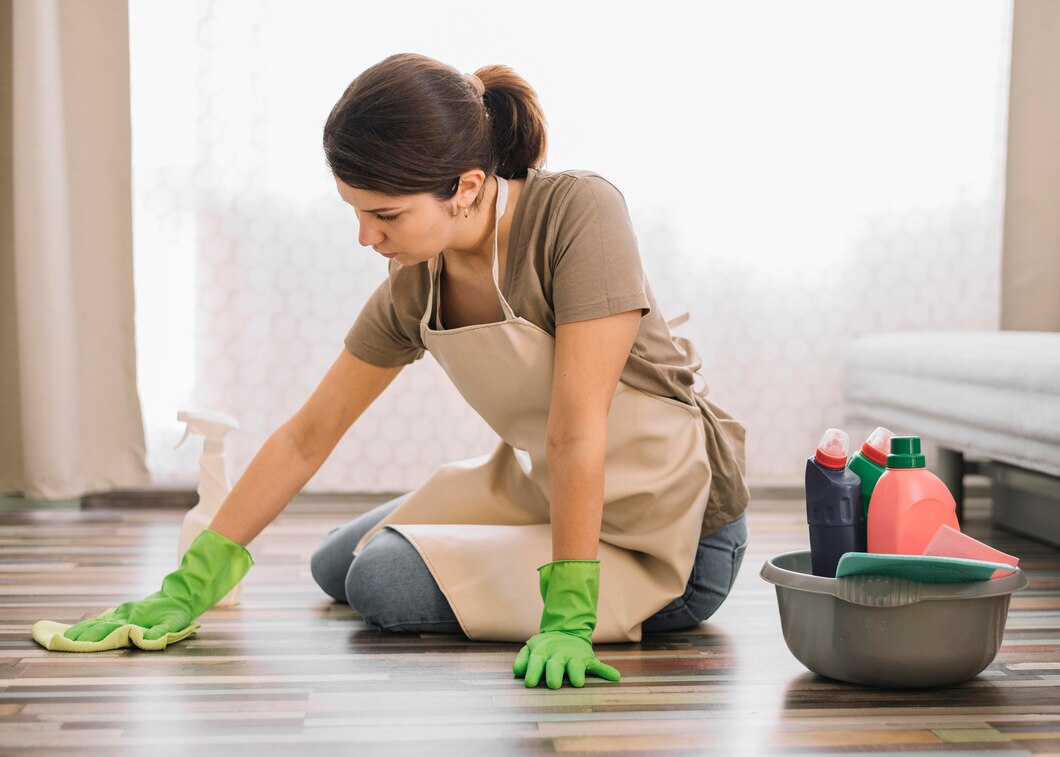 woman with gloves cleaning floor 23 2148520978